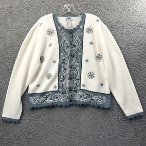Vintage Koret Knit Cardigan Sweater Snowflakes Holiday Sequin Embroidered W LP‎